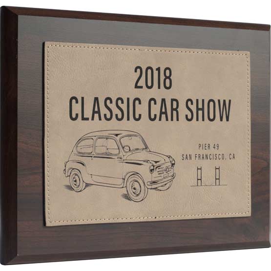 Custom Plaque With Wood Board And Light Brown Faux Leather Plate Engraved With Classic Car Show Text And Vintage Car Art