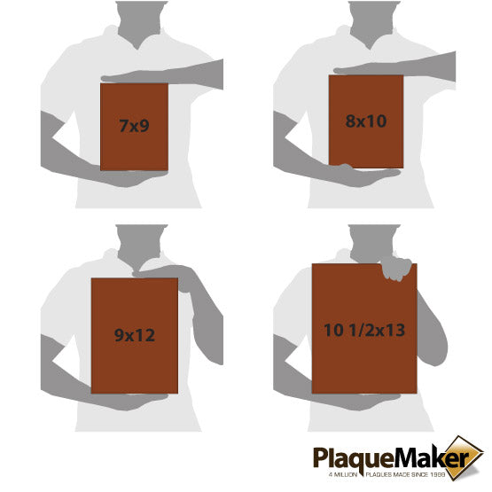 Size Guide With Blank Figures Holding Four Different Sizes Of Rawhide Faux Leather Plaque Against White Background