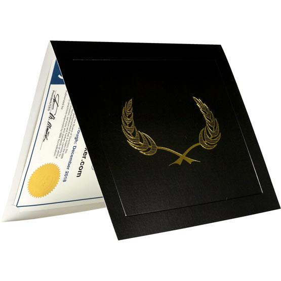 Custom Black Chipboard Certificate Presentation Folder With Gold Wheat Artwork And Slightly Opened To Show Certificate Inside
