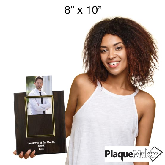 Size Guide Featuring Woman Holding 8" x 10" Custom Employee Of The Month Plaque With Photo Frame And White Text 