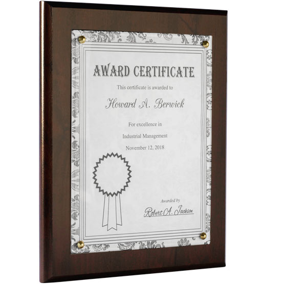 Custom Certificate Plaque With Wood Board And Plexiglass And Gold Tacks Featuring Award Certificate For Industrial Management