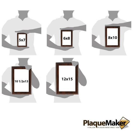 Size Guide With Blank Figures Holding Custom Certificate Plaque With Wood Board And Plexiglass And Showing Measurements