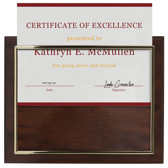 Sample Certificate Of Excellence Sliding Into The Gold Frame Of A Ships Today Certificate Plaque With Wood Board