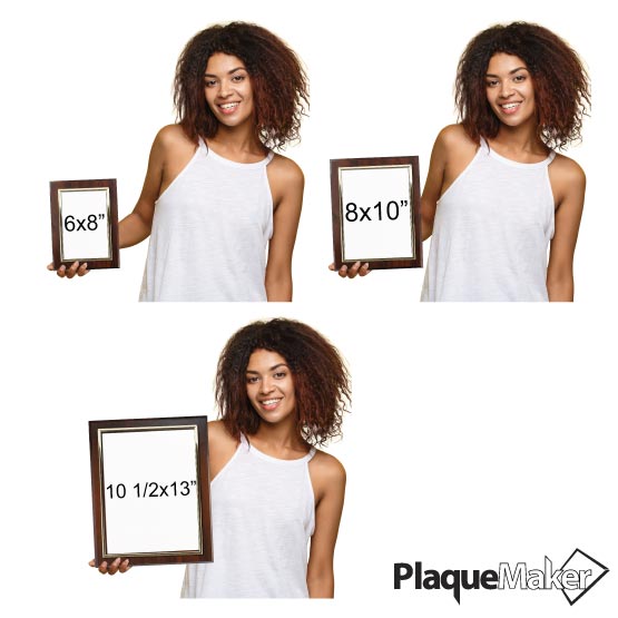 Size Guide With Happy Woman Holding Different Sizes Of Ships Today Certificate Plaque With Wood Board And Gold Frame