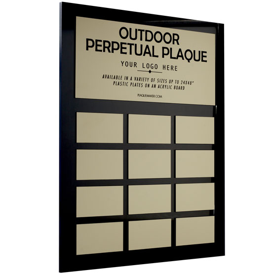 Perpetual Plaque With Black Acrylic Board And Plastic Plates Laser Engraved To Show Customizable Areas For Text And Art