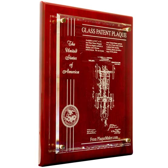 Custom Floating Glass Plaque With A Rosewood Board And Frosted Engravings Of Patent Details And Ribbon And USPTO Seal