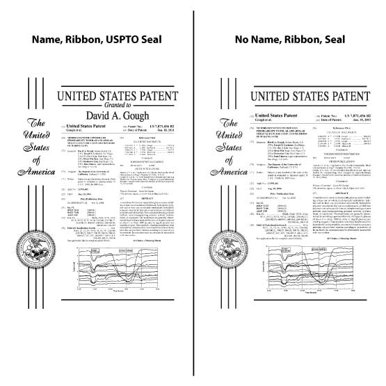 Two Different Examples For Floating Glass Plaque Layouts With Name And Ribbon And USPTO Seal Or No Name And Ribbon And Seal