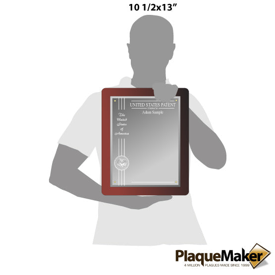 Size Guide With Blank Figure Holding Custom Floating Glass Plaque With Rosewood Board And USPTO Seal And Ribbon