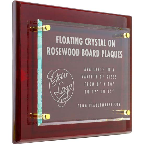 Custom Floating Glass Plaque With Rosewood Piano Finish Board And Engraved To Show Customizable Areas For Text And Art