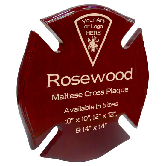 Maltese Cross Shaped Rosewood Plaque Laser Engraved With Custom Text and Logo Laser Engraved Into The Wood.
