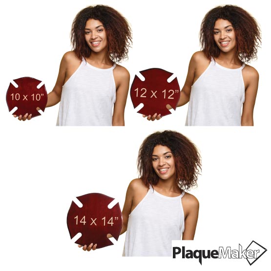 Size Guide With Woman Holding Different Sizes Of Maltese Cross Shaped Rosewood Plaque Against White Background