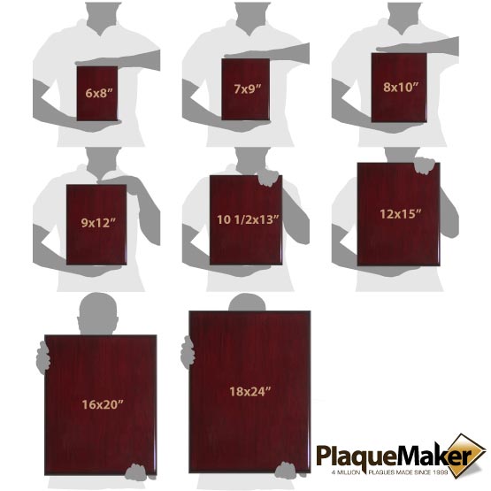 Size Guide With Blank Figures Holding Different Sizes Of Custom Rosewood Piano Finish Plaque Against White Background