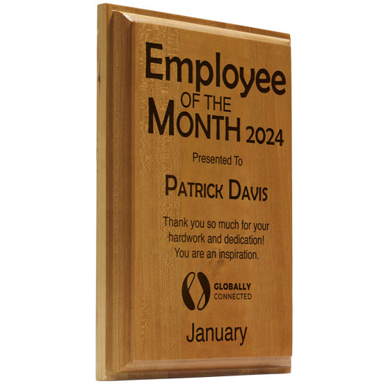 Custom Solid Cherry Plaque Award For Employee Of The Month With Charcoal Filled Engravings Of Logo And Message And Name