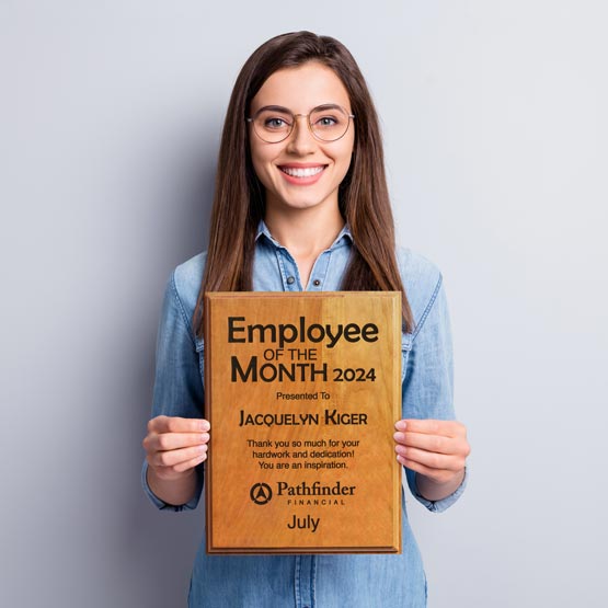 Happy Woman Holding Custom Solid Cherry Plaque Award For Employee Of The Month With Engraved Logo And Message And Name