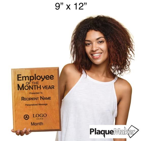 Size Guide With Happy Woman Holding Custom Solid Cherry Plaque Award For Employee Of The Month Showing Customizable Areas