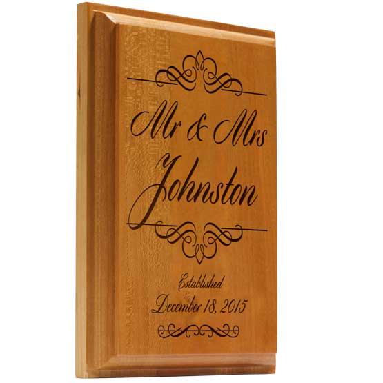 Custom Solid Cherry Plaque Engraved With Marriage Titles And Family Name And Established Date And Ornate Artwork Accents