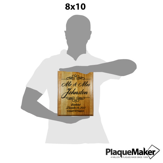 Size Guide Of Blank Figure Holding Solid Cherry Plaque With Sample Marriage Titles And Family Name And Established Date