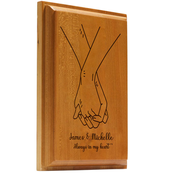 Custom Solid Cherry Plaque Engraved With Holding Hands Artwork And Couple Names And Always In My Heart Message