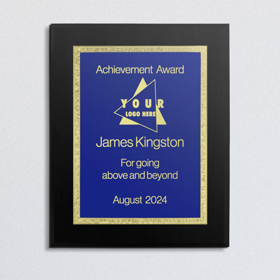 Custom Stainless Steel Plaque Award For Achievement With Black Board And Blue Plate With Florentine Border On Office Wall