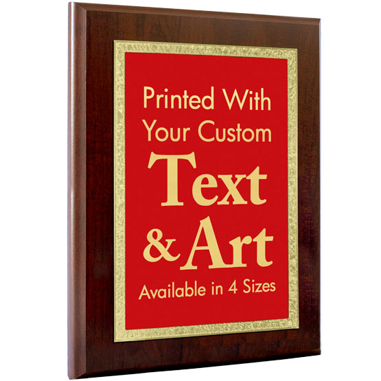 Custom Stainless Steel Plaque With Wood Board And Brass Plating And Red And Gold Design Showing Customization Area