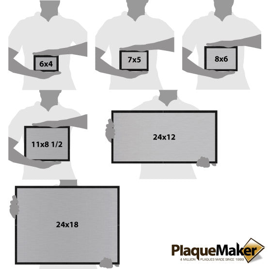 Size Guide With Blank Figures Holding Different Sizes Of Stainless Steel Plaque With Granite Board Against White Background