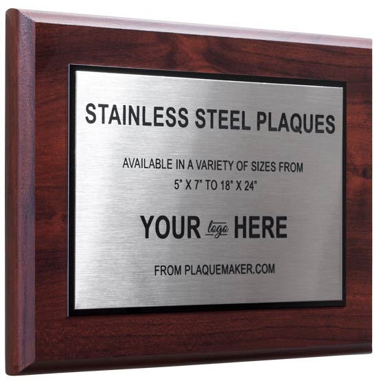 Custom Stainless Steel Plaque With Wood Board And Black Frame And Color Printed To Show Customization Options And Areas
