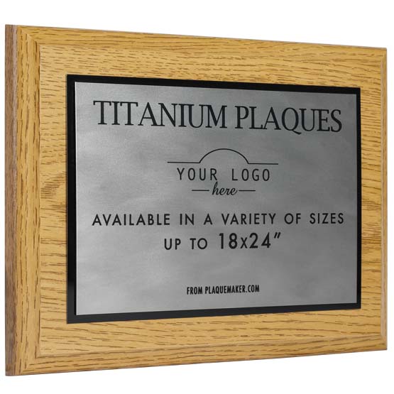 Custom Titanium Plaque With Black Frame And Wood Board And Laser Fused To Show Customizable Areas For Text And Art