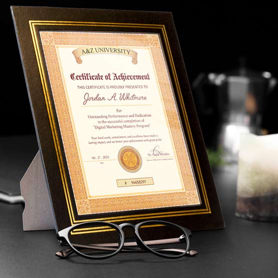 Black Vinyl Certificate Plaque Folder On Desk Near Glasses And Candle. 