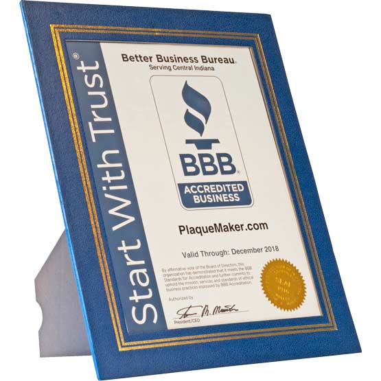 Custom Blue Vinyl Presentation Folder With Gold Frame And Built-In Easel And Sample Better Business Bureau Certificate