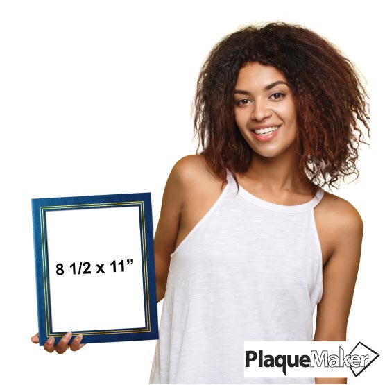Size Guide With Woman Holding Blue Vinyl Certificate Presentation Folder With Gold Frame And Showing Measurements