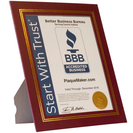 Custom Burgundy Vinyl Presentation Folder With Gold Frame And Built-In Easel And Sample Better Business Bureau Certificate