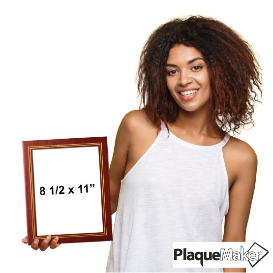 Size Guide With Woman Holding Burgundy Vinyl Certificate Presentation Folder With Gold Frame And Showing Measurements