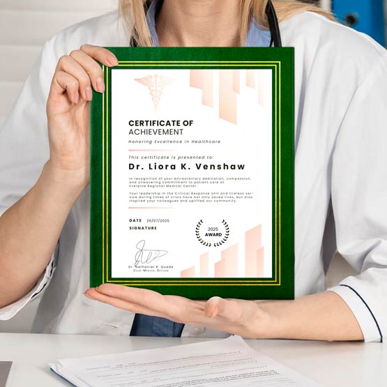 Doctor Holding A Certificate In A Green Vinyl Presentation Folder For Dr. Liora Venshaw.