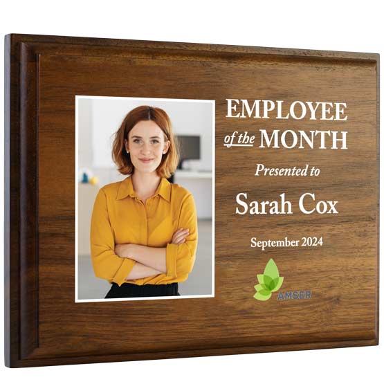 Custom Solid Walnut Plaque Award For Employee Of The Month With Photo And Color Printed With Message And Date And Logo