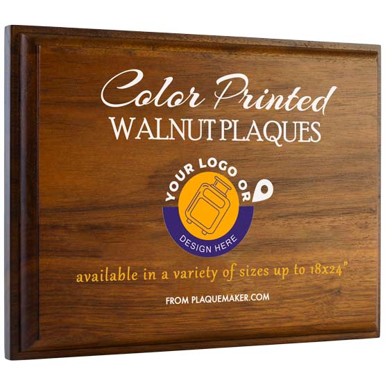 Custom Solid Walnut Plaque Color Printed To Show Customization Options And Areas For Text And Art Against White Background