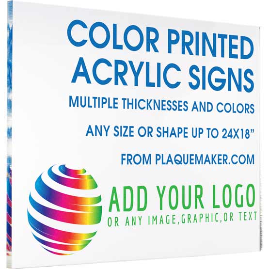 Clear Acrylic Sign With Full Color Printing Of Customization Options And Areas For Text And Art Against White Background