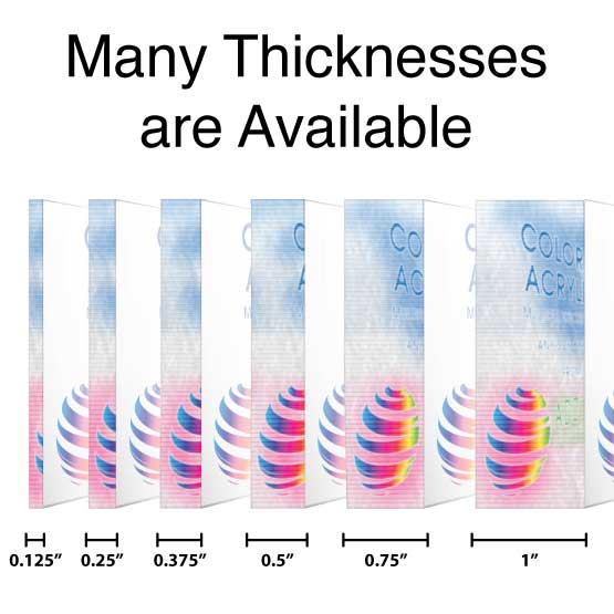 Size Guide With Six Different Thickness Options For Full Color Printed Rectangle Acrylic Signs Against White Background