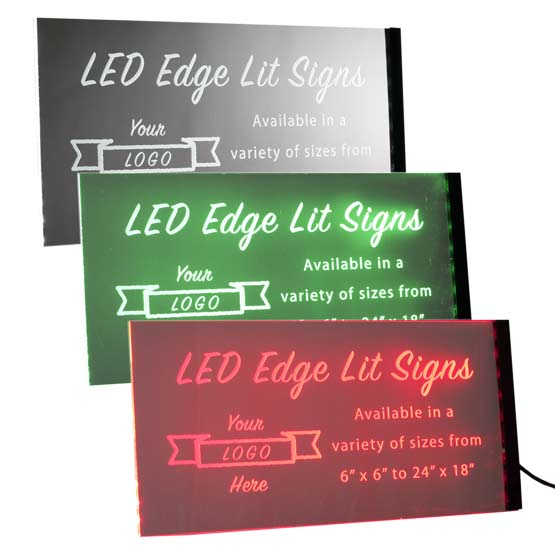 Three Edge Lit LED Acrylic Signs With White And Green And Red Light Strip Colors Showing Customization Options And Areas