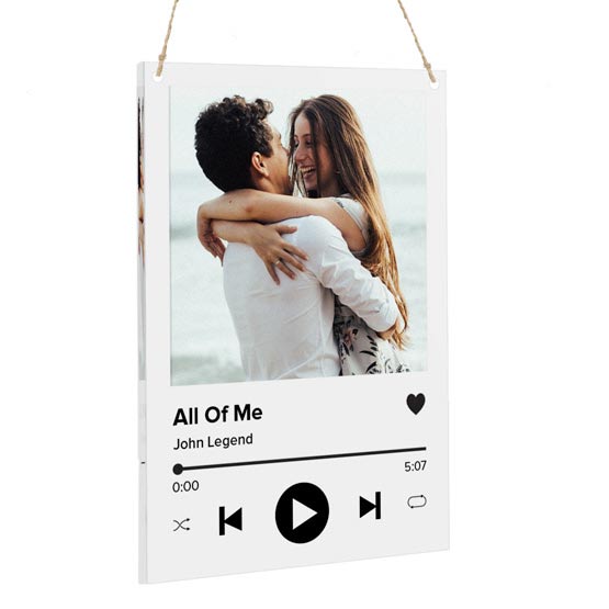 Clear Acrylic Sign With Full Color Couple Photo And Spotify Style Layout With Custom Song Details Hanging Via Holes And Twine