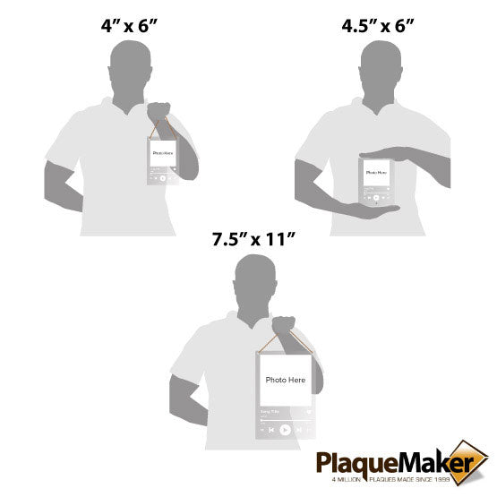 Size Guide With Blank Figures Holding Different Sizes Of Clear Acrylic Sign With Spotify Style Layout For Custom Song Details