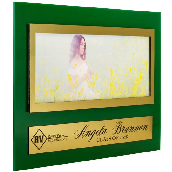 Green Acrylic Sign With Gold Plastic Picture Frame Featuring Student Photo And Plate With School Logo And Graduate Details