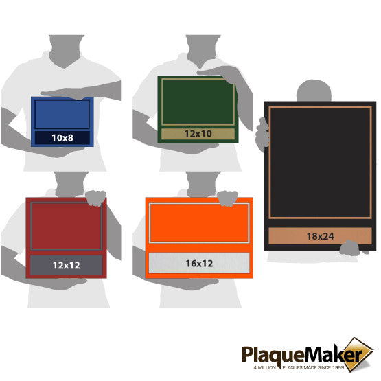 Size Guide With Blank Figures Holding Different Sizes And Colors Of Acrylic Sign With Picture Frame And Showing Measurements