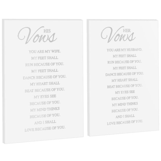 Pair Of Clear Acrylic Signs With Frosted Engravings Of Center Aligned Vows For Husband And Wife Against White Background