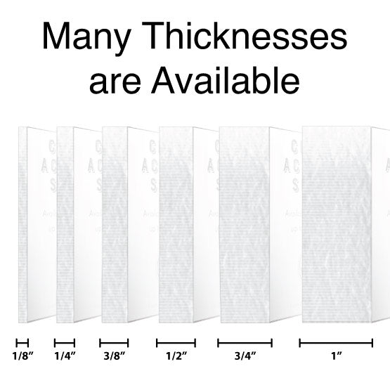 Size Guide Showing Six Different Thickness Options For Custom Clear Acrylic Sign Against A White Background