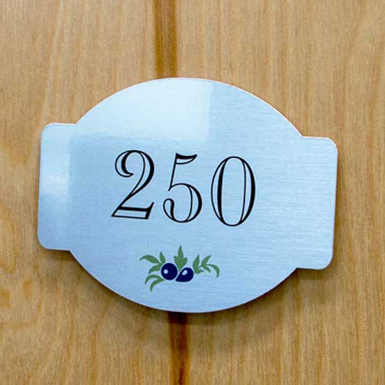 Small Silver Aluminum Address Sign With Full Color Printed Number And Berry Artwork Mounted Onto Wood Door