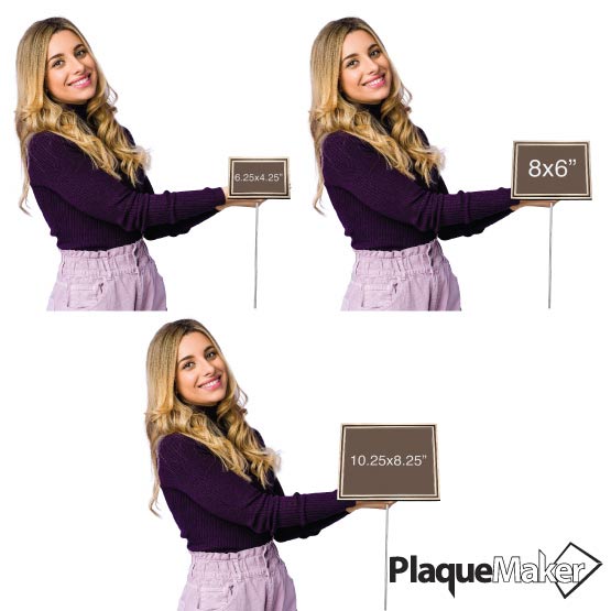 Size Guide With Happy Woman Holding Different Sizes Of Bronze And Brown Cast Aluminum Sign And Showing Measurements