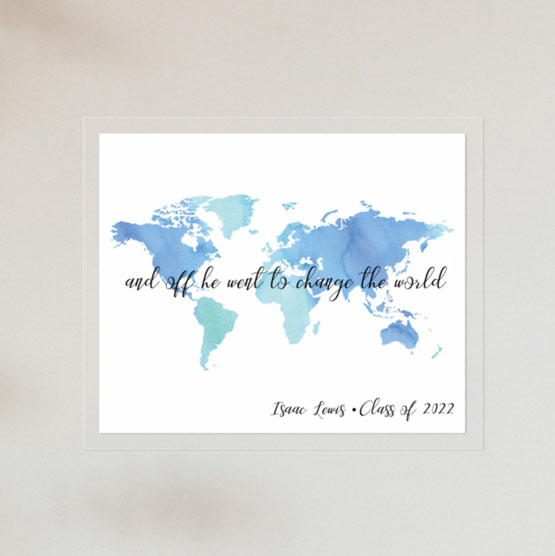 Clear Acrylic Sign With White Aluminum Plate Printed With World Map And Graduate Message And Details Mounted On Office Wall