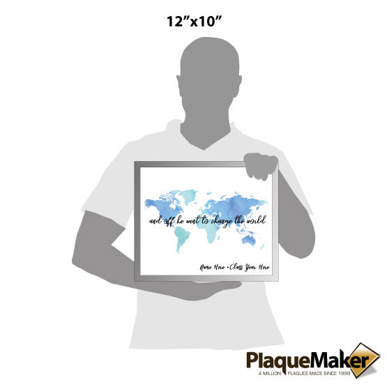 Size Guide Of Blank Figure Holding Clear Acrylic Sign With White Aluminum Plate Printed With World Map And Graduate Message
