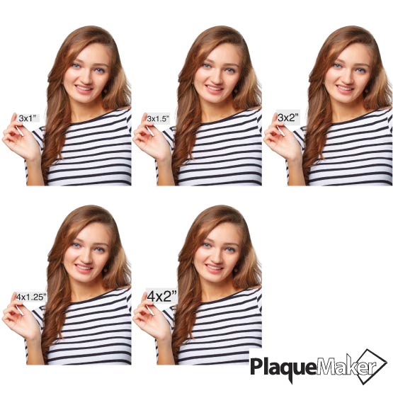 Size Guide With Woman Holding Different Sizes Of Custom Silver Rectangle Aluminum Labels Showing Measurements