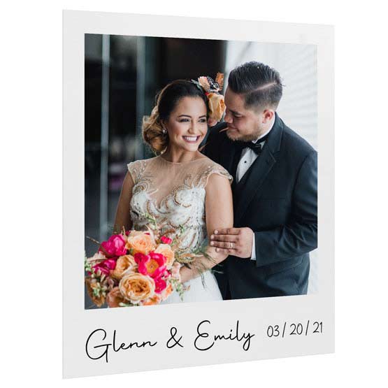 Custom Aluminum Sign With Instant Film Style Full Color Couple Photo With Names And Date Against White Background